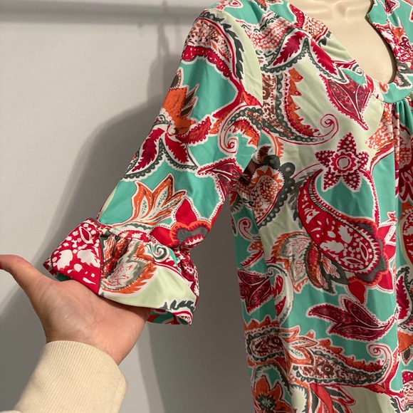 Aryeh Red Green Floral Mosaic Ruffle Bell Sleeve Sheath Scuba Dress Medium - Picture 3 of 11